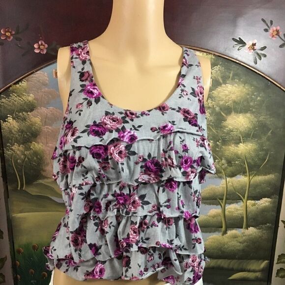 Kala Top Small Grey Pink Flowers Ruffles Small - Picture 1 of 4